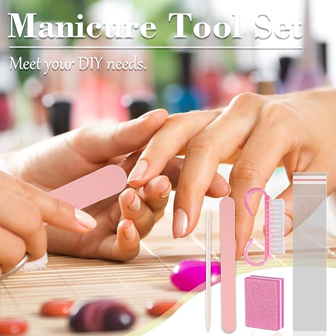 Disposable Manicure kit Press On Nail Tool Kit for Salon Home, Mini Nail Buffer, Nail File, Wood Stick, Nail Brush (Pink, 100 Set)
