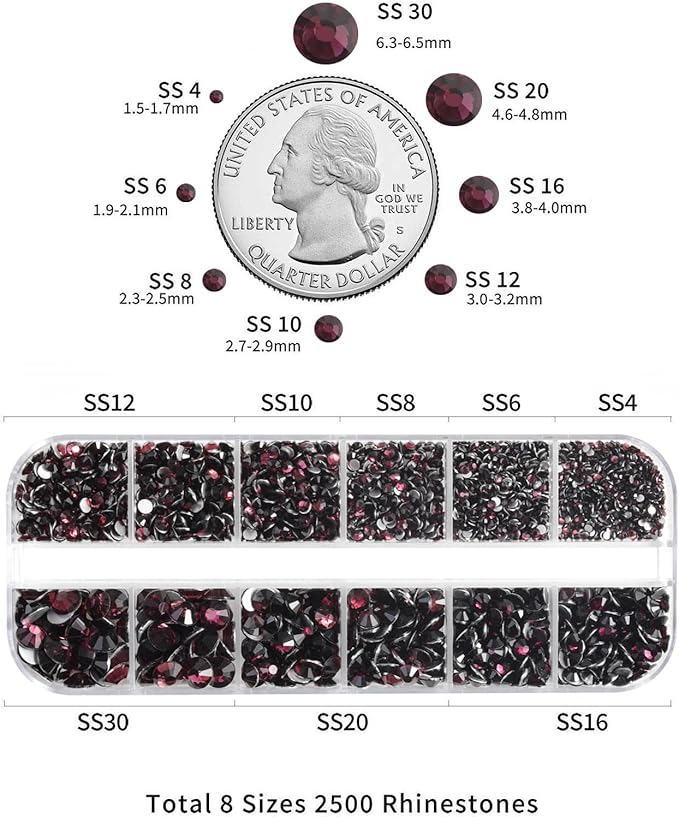 Beadsland Rhinestones for Makeup,8 Sizes 2500pcs Burgundy Flatback Rhinestones Face Gems for Nails Crafts with Tweezers and Wax Pencil,Amethyst,SS4-SS30