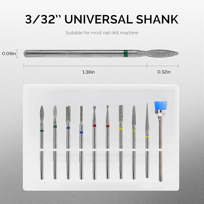 MelodySusie 10pcs Nail Drill Bits Set, 3/32 Inch Diamond Cuticle Nail Bits Kit for Nail Drill E-File, Manicure Pedicure Remover Tools for Acrylic Gel Nails, Salon Home Nail Care Supplies, Silver