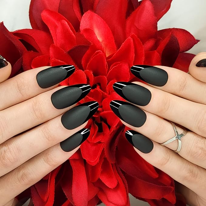 Hypnaughty 24 Pcs Caviar Almond Black Matte Press On Nails with Glossy Black French Tip and Glue Medium Long Pointed Oval False Nails (Caviar)