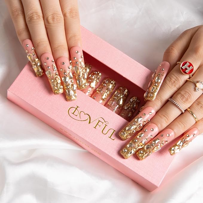 LOVFUL Press on Nails Stardust Gold Rhinestone | Handmade with Full Covered Crystals | Reusable Fake Nails | Square Mid length 1.7in | H84-S