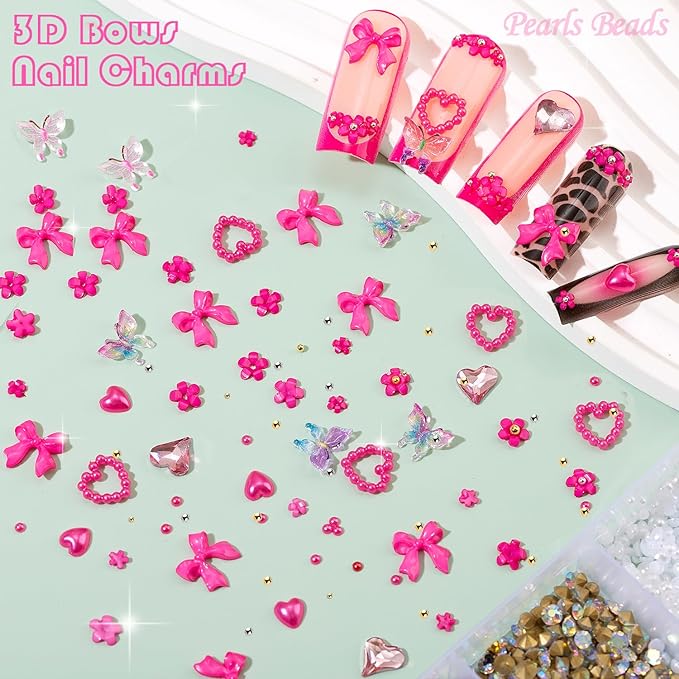 10000pcs Nail Charms and Gems:Pink Cute Bow Heart 3D Flower Charms for Junk Cases kit;Gold Chunky Butterfly Charms for Nails Design,nail jewels Diamond Rhinestones for Nails;Beads Pearls for Nails Art