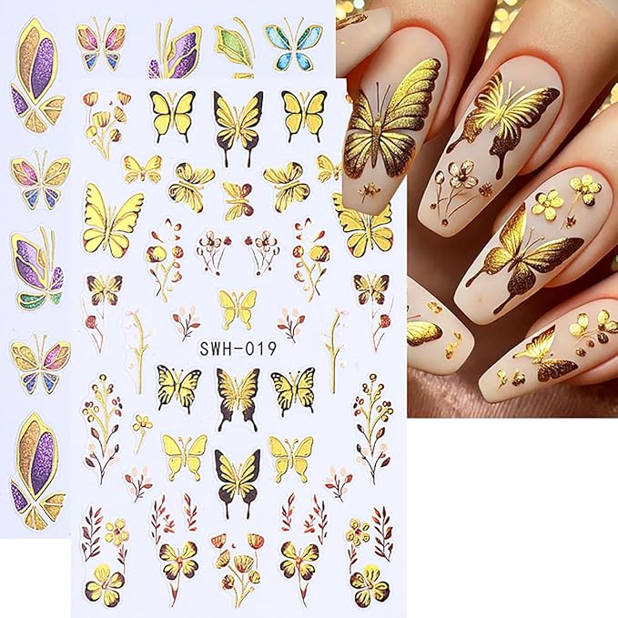 6 Sheets Butterfly Nail Decals for Nail Art Spring Flower Nail Stickers 3D Self-Adhesive Colorful Butterfly Nail Art Stickers Gold Floral Leaf Nail Decoration for Women Girls DIY Manicure Supplies