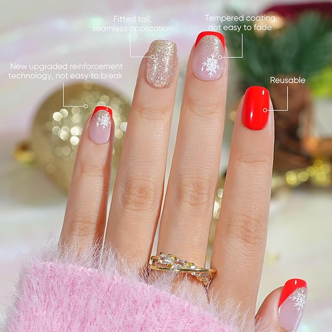 Red Press On Nails Short - Jofay Fashion French Tip Press On Nails, Acrylic Fake Nails with Snowflakes and Gold Glitter, Reusable False Nails Glue On Nails for Women, Stick On Nails Kit 32Pcs