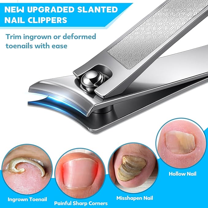 8-in-1 Heavy Duty Toenail & Fingernail Clippers for Seniors Men with Thick & Ingrown Nails - Manicure Pedicure Kit with 360° Swivel Head - Professional Wide Jaw Podiatrist Tools