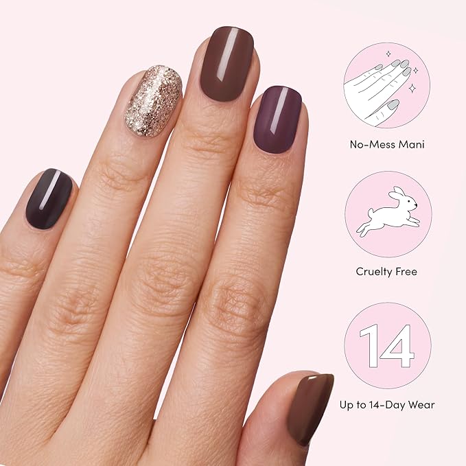 Dashing Diva Gloss Nail Strips 5-in-1 Kit - Best of Browns - UV Free, Chip Resistant, Long Lasting Gel Nail Stickers - Contains 110 wraps, 5 prep pads, 2 nail files