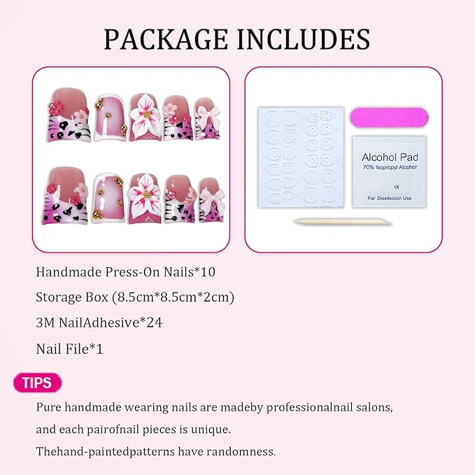 Handmade Press on Nails Short Duck 3D Pink White Floral Designs Gradient French Tip Fake Nail Muti-Layer Gel Thicked Acrylic False Nails Luxury Flower Press on Nails for Women（S）