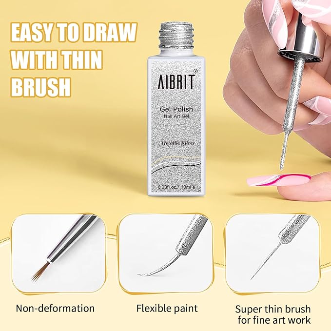 Gel Liner Art Polish Set 10ml, 4 Colors Black White Gold Silver Design Paint with Thin Brush in Bottle for Swirl/Euphoria French Tips Manicure Painting DIY at Home