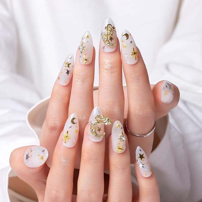 LOVFUL Press on Nails Celestial Radiance | Handmade with Full Covered Crystals | Reusable Full Cover Nails | Almond Regular 1.0 in | P006-S