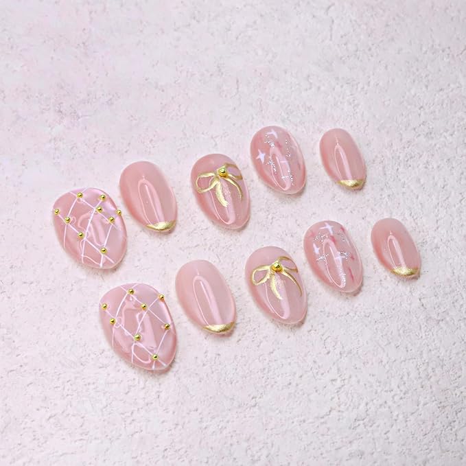 Pink Press on Nails Thick and Muti-Layer Gel Fake Nails Bow French Tip False Nails with Bow Star Design White Hand-draw Lines Stick on Nails Full Cover Artificial Nail for Women DIY (Size S)