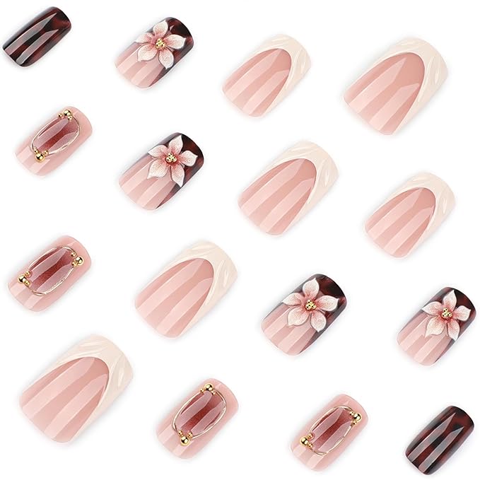 Press on Nails Short - Square Fake Nails with Ombre Flower Design - Brown, Leopard Print False Nails - for Women 24 Pcs