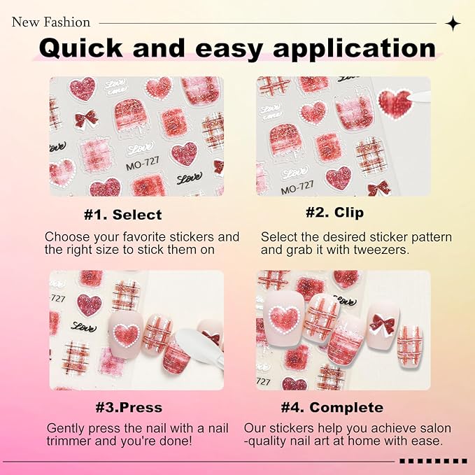 6 Sheets Bow Nail Stickers for Nail Art Red Pink Purple Blue Brown Bow Heart Designs 5D Embossed Self Adhesive Nail Decals for Women DIY Manicure Decoration YX1239