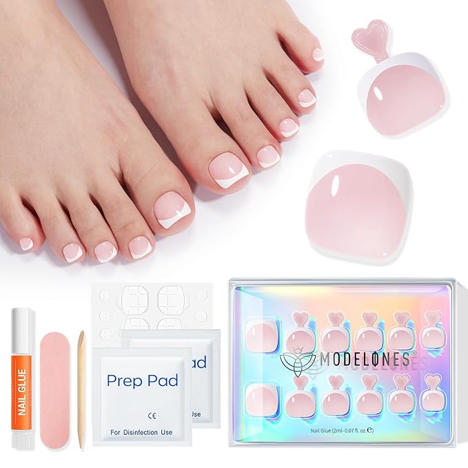 Modelones Press on Toenails Short, Pink French Tip Toe Nails Square, Reusable Nail Kit with Nail Glue Adhesive Tabs Mini Nail File, Toe Nails 36Pcs 18Sizes, Spring Women Girl Gift