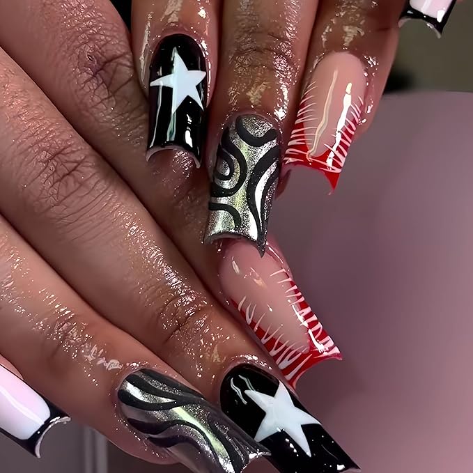 Long Press on Nails Square Fake Nails Black French Tip False Nails with Stars and Swirl Designs Acrylic Nails Press ons Glue on Nail Long Square Full Cover Stick on Nail for Women 24Pcs