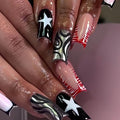Long Press on Nails Square Fake Nails Black French Tip False Nails with Stars and Swirl Designs Acrylic Nails Press ons Glue on Nail Long Square Full Cover Stick on Nail for Women 24Pcs