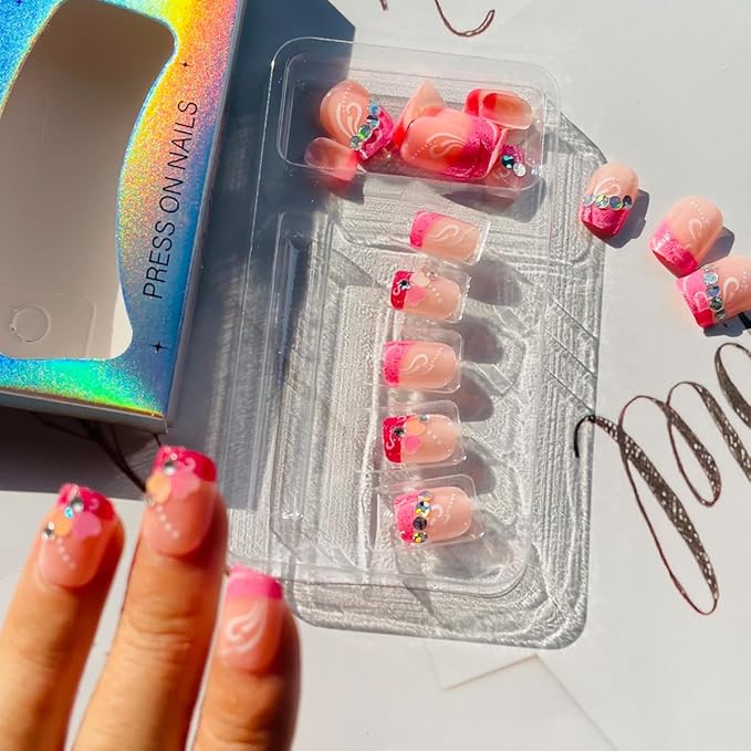 Valentines Nails Short Press on Nails French Tip Glitter Pink Fake Nails with Heart Rhinestone Designs Valentine's Day Glue on Nails Heart False Nails Petite Acrylic Stick on Nails for Women 24Pcs
