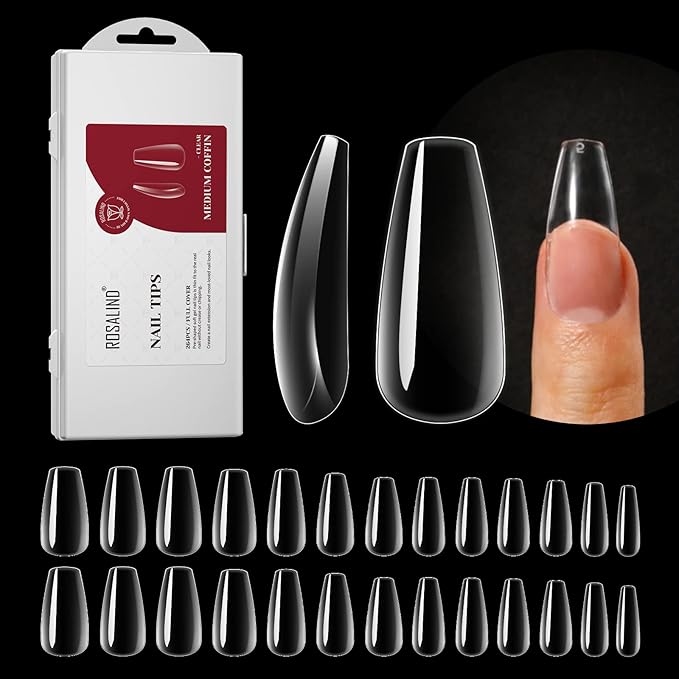 264PCS Clear Coffin Fake Nails with Box,ROSALIND Medium Acrylic Nail Tips Full Cover Press on Nails Extension,12 Size Shape Soft Gel Nail Tips Artificial False Nail Tips DIY Nail Salon and Home