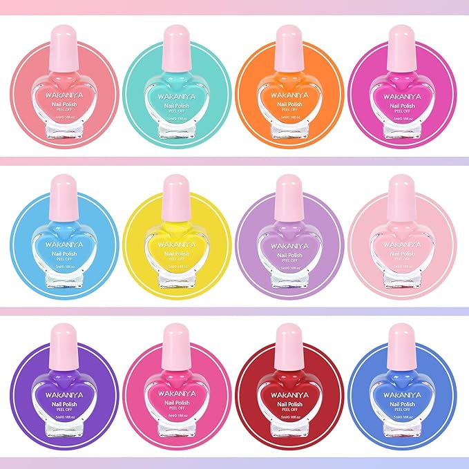 wakaniya Kids Nail Polish 12 Colors Girls Nail Kit with Glitter Stickers and PVC Organizer Bag Non Toxic, Quick Dry Peel Off Safe Nail Polish