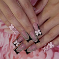 Black French tips Press on Nails Pink Long Square Fake Nails with 3D Bow Charms Design Rhinestone Glue on Nails Glossy Reusable Spring Summer Nails for Women Girls Manicure 24pcs