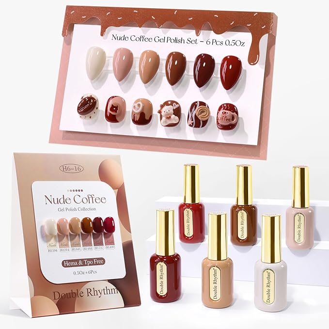 Double Rhythm 6 Pcs Hema Free Gel Polish Set 0.50 OZ Same Color Same Bottle Soak Off Neutral Natural Milky Gel Polish Kit Nail Art Manicure Salon DIY at Home (Beige Nude Coffee Burgundy-H6-16)