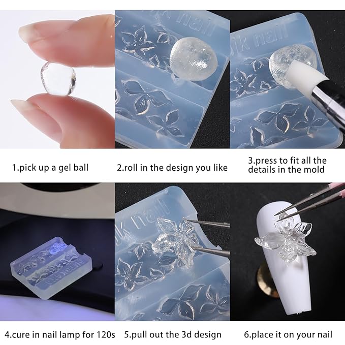 Hard Gel for Nails, 4 Colors Solid Builder Gel Kit with Silicone Carving Mold Clear Pearly White Brown Nude Pink 3D Sculpting Gels Flower Charms DIY Modeling Design Nail Salon Supplies