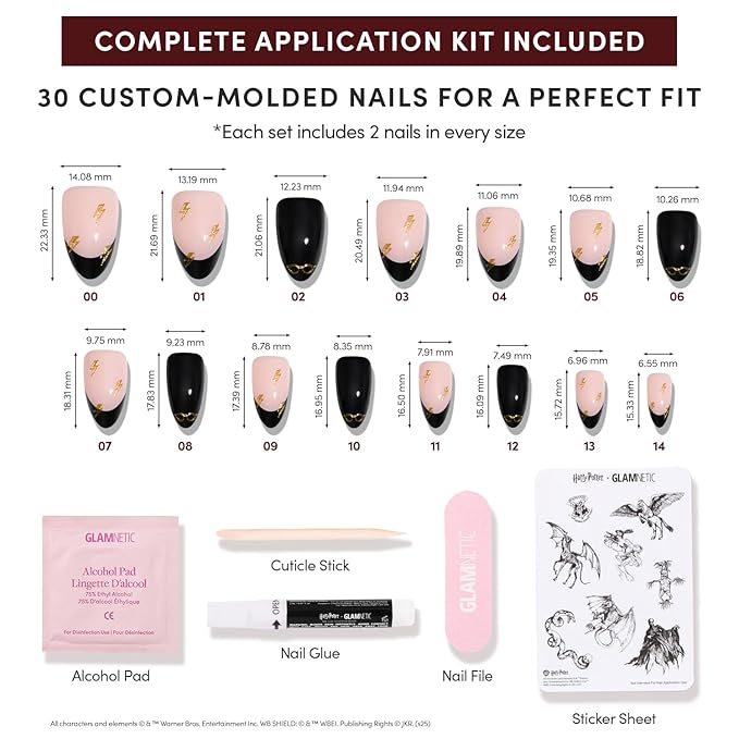 Glamnetic Press On Nails x Harry Potter™ - Harry Potter™ | Short Almond Fake Nails with Black French Tips, Glasses & Hidden Lightning Details, Officially Licensed | 15 Sizes - 30 Nail Kit with Glue