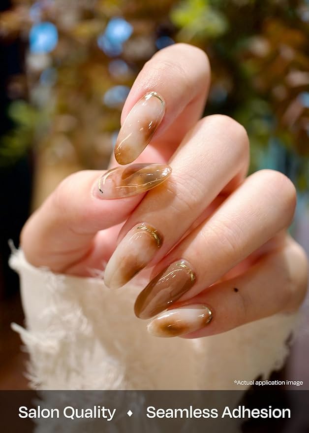 ohora Semi Cured Gel Nail Strips (N Cafe Creme) - Works with Any Lamps, Salon-Quality, Long Lasting, Easy to Apply & Remove - Includes 2 Prep Pads, Nail File & Wooden Stick