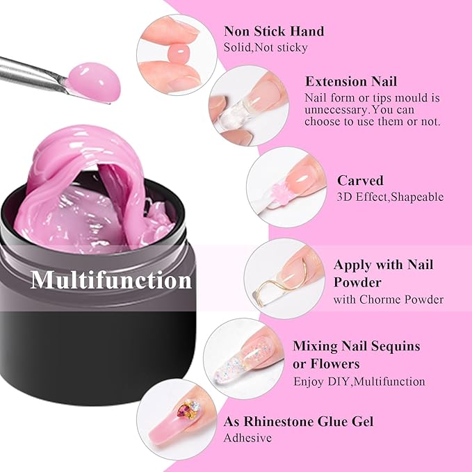 MEET ACROSS 9Pcs 3D Builder Gel Kit for Nail Art Dirty Pink Sliver Non Sticky Hand Carving Extension Solid Builder Gel for Nails with Silicone Pen Manicure Kit 4 Colors