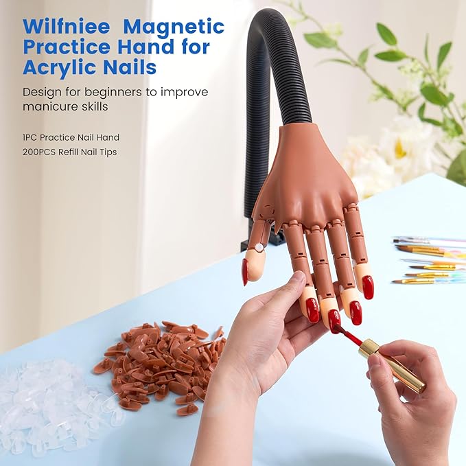 Magnetic Practice Hand for Acrylic Nails: Flexible Fake Nail Training Hand Practice - Manicure Hand Practice Kit for Beginners with 200PCS Nail Tips