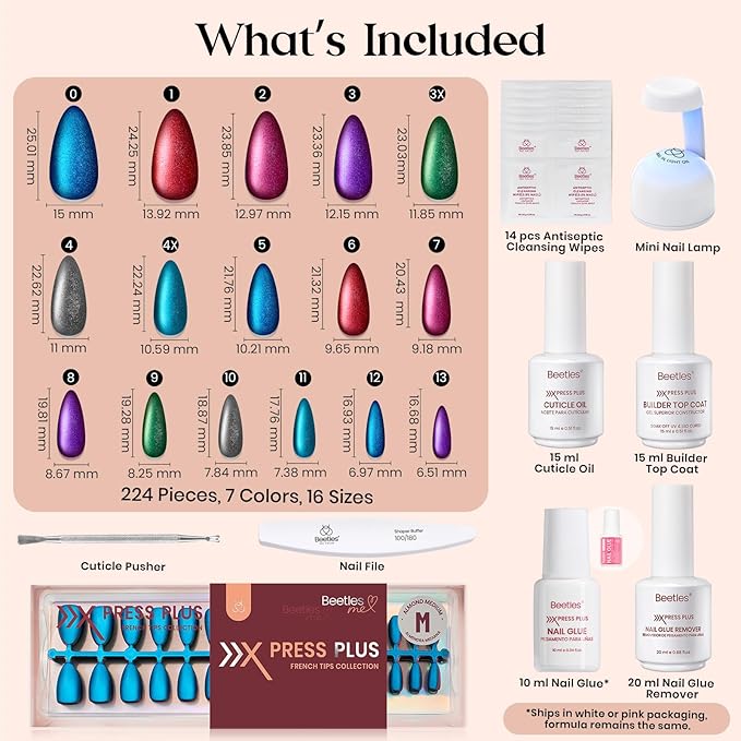 Beetles Cat Eye Nails Kit - Enchanted Aurora | 7 Colors Cat Eye Press On Nails Medium Almond | 224Pcs 16 Sizes All-in-One Kit With Nail Glue,Remover,Builder Top Coat,Nail Lamp Gift