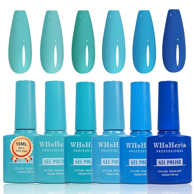 TPO Free Gel Nail Polish Set，6pcs 10ML Baby Blue Light Blue Aquarius Water Ocean Collection Summer Long-lasting Soak off LED/UV Light Suit Give it to Women as a Gift for Daily Life (119-E)