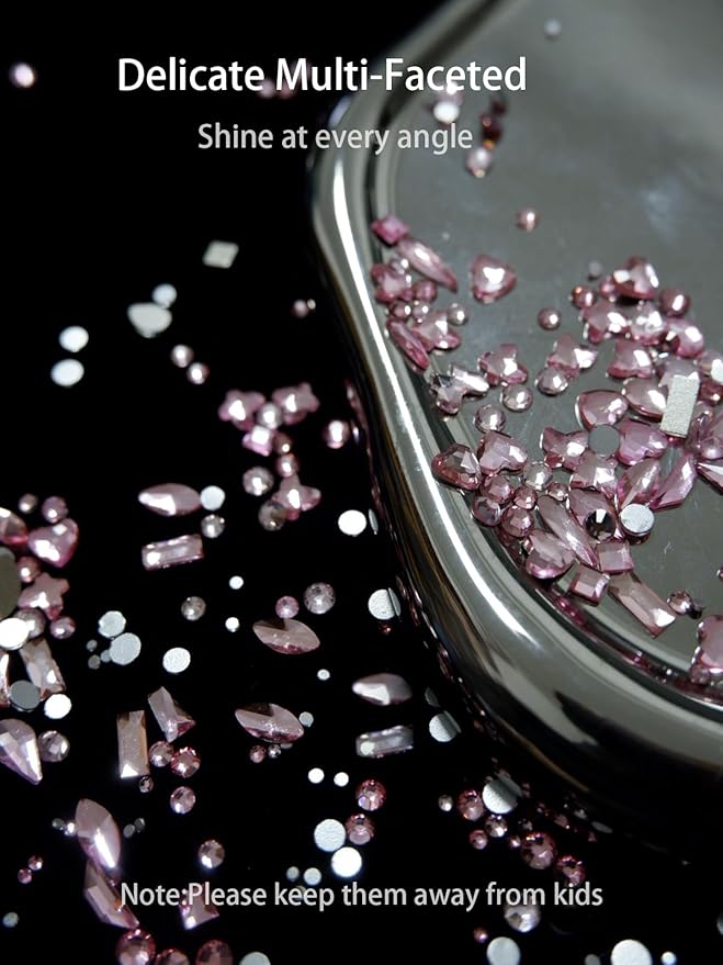 Rhinestones for Nails, 6080Pcs Pink Nail Art Rhinestones Kit, 3D Flatback Crystals Diamonds for Nail Art Design, Mix Sizes Nail Charms and Gems(Tweezers Included)