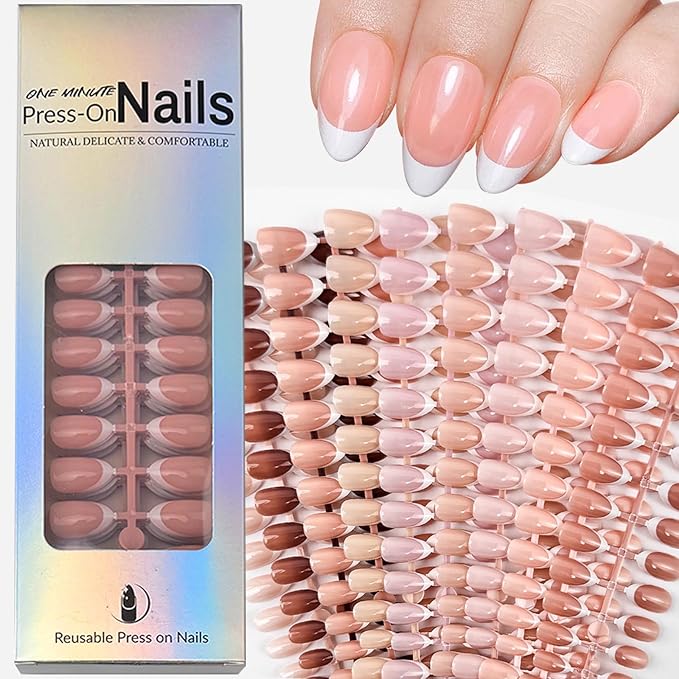 270 Pcs White French Tip Press on Nails Almond Fake Nails Nude Glossy Acrylic Glue On Nails Full Cover False Nail Tips Kit for Women DIY Nail Art Manicure 15 Size