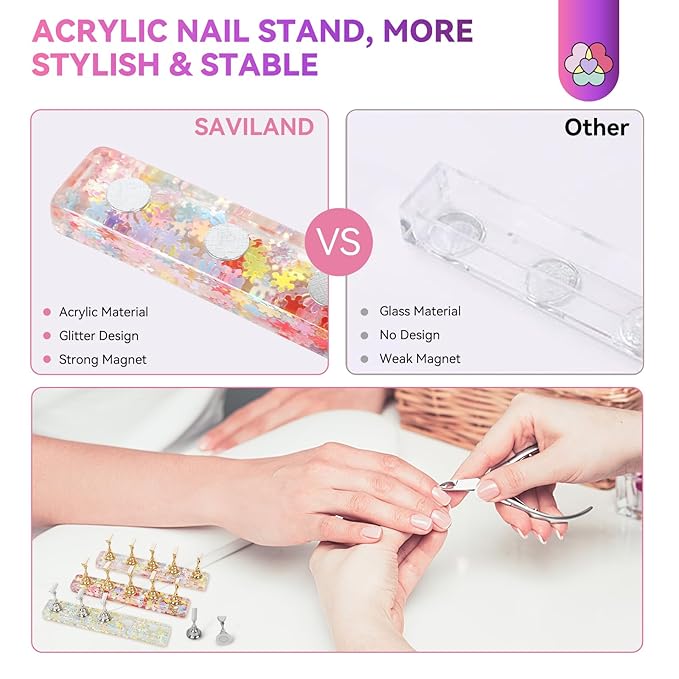 SAVILAND Nail Stand for Press Ons: 3 Set Nail Stand Nail Holder for Painting Nails with 40 Pcs Reusable Adhesive Putty Press on Nail Stand Stylish Glitter Nail Stand for Nail Art Tools Salon Manicure