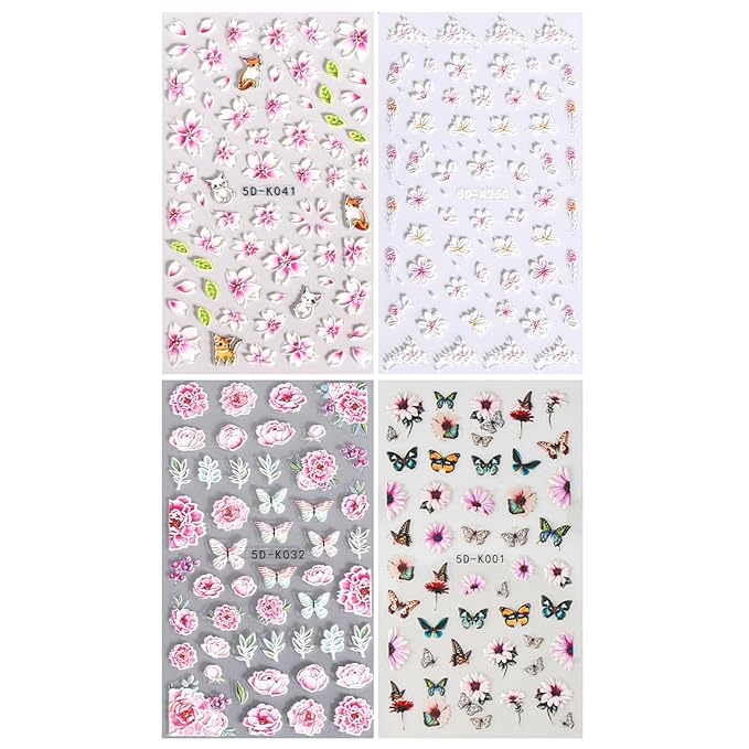 Pink Flower Nail Art Stickers Decals 5D Embossed Nail Decals Spring Summer Nails Art Design Self-Adhesive Supplies Accessories 3D Flower Stickers for Women Nails DIY Decoration