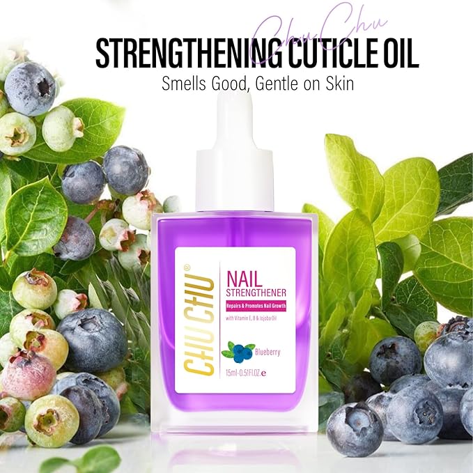 CHUCHU Nail Cuticle Oil Strengthener - Blueberry Scent Repair Growth Moisturizing Treatment - Natural Jojoba Vitamin B & E for Dry Cracked Nails