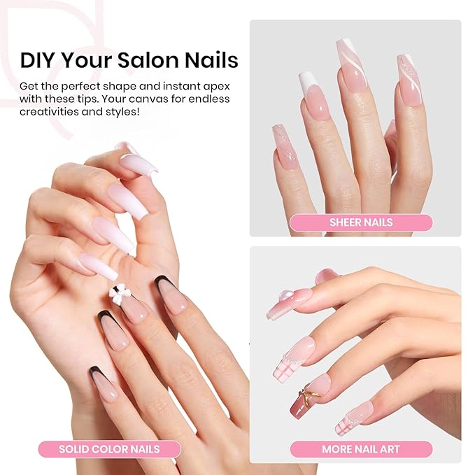 Beetles Tipex Nail Tips Kit Medium Coffin, 224Pcs 16 Sizes,Pre-building Pre-Etched Strong Thicker Acrylic Tips with Mini U V Lamp Tipex Nail Glue