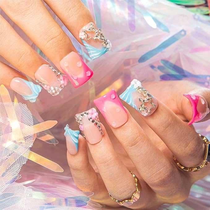 LOVFUL Press on Duck Nails Short | Handmade Acrylic French Tip False Nails Press ons | Duck Short 0.8 in | H581-M