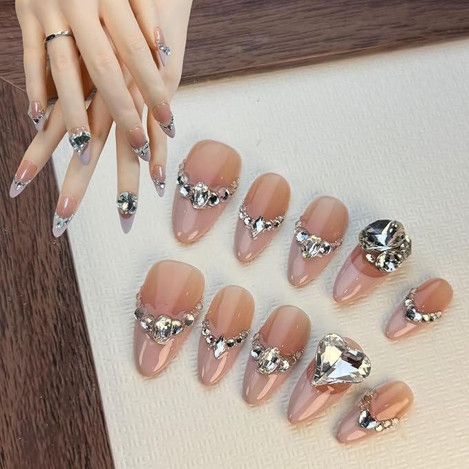 Almond Press On Nails Medium Fake Nails Handmade False Nails Diamond Rhinestones Gems Nail Charms,French Tip Acrylic Nail Kit Gel Nails,Reusable Stick on Nails for Women 10pcs M