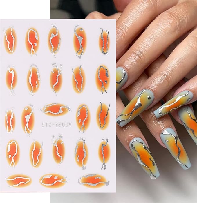 Marble Wave Nail Art Stickers, French Line Nail Art Transfer Decals Designs, 3D Geometry Gold Line Heart Nail Self-Adhesive Sticker Supplies for Women Girls Manicure Decorations, DIY Resin Nail Decal