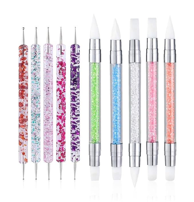 10PCS Nail Art Gel Carving Pen Acrylic Dotting Pens, Double-Ended Silicone Brushes for Design Nail Foil Carving Drawing and 3D Effect Shaping Drawing Dotting Tools