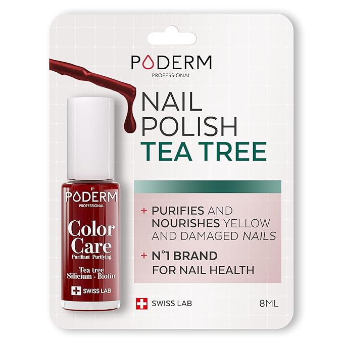 PODERM Nail Polish – Enriched with Tea Tree & Biotin – Improves Nail Appearance – Vegan Formula – For Hands & Feet – Swiss Made (Red Allure)