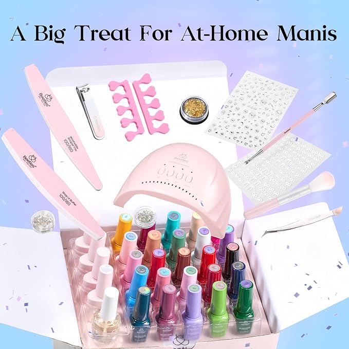 Beetles Gel Nail Polish Kit with U V Light - 25 Colors Valentines Gel Polish Set 51 Pcs Imprints of Time Nail Kit One Color One Bottle with Top &Base Coat Beauty Must Have DIY Salon Gifts for Women
