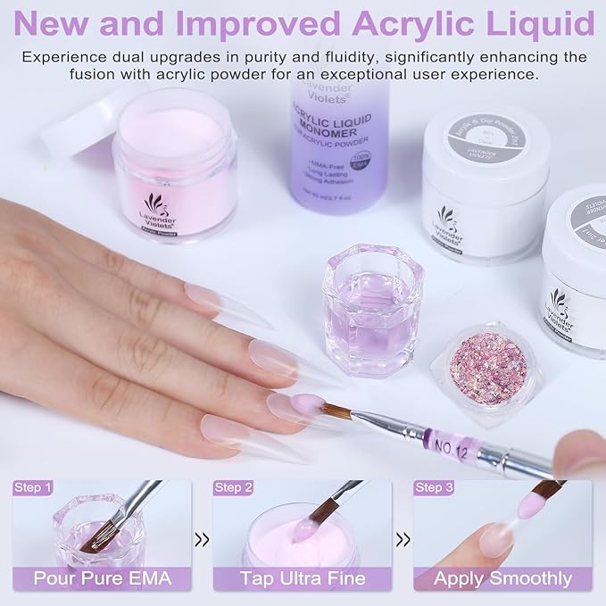 LAVENDER VIOLETS Acrylic Nail Kit - 30g x3 Clear, White, Pink Powder & 80ml Monomer Liquid Set with Carving Brush, Nail Forms, Foil Flakes N302