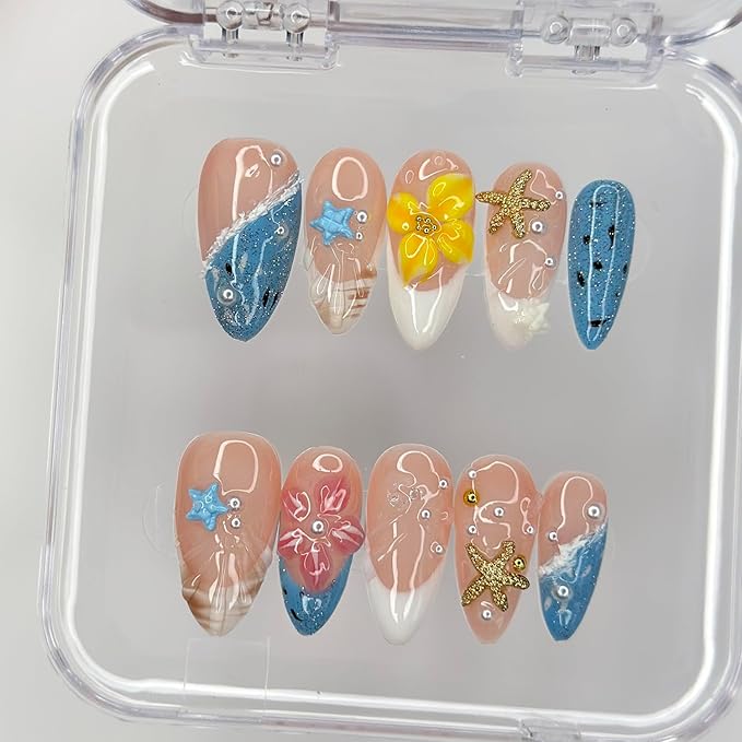 Luxury Press on Nails Medium Almond Handmade 3D Unique Reusable ABS Material Fake Nails Beach French Tip False Nails with Designs Pearls Floral Art Petal Glossy Glue onThick Acrylic Nails(S)