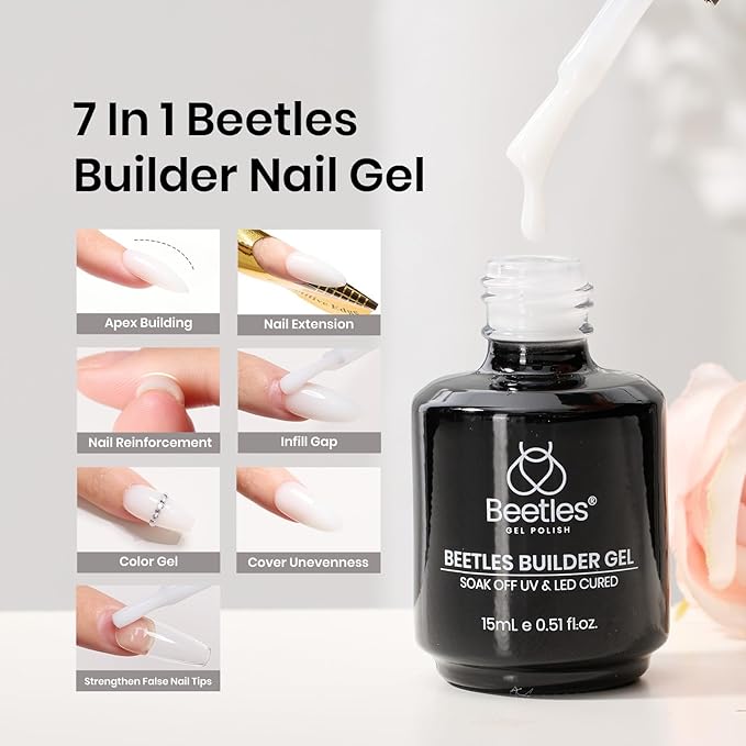 Beetles Builder Gel for Nails -0.5 oz 7 in 1 Milky White Nail Thickening Strengthening Building Apex for Beginner DIY Salon at Home,White Builder Nail Gel, UV & LED Lamp Cured Needed
