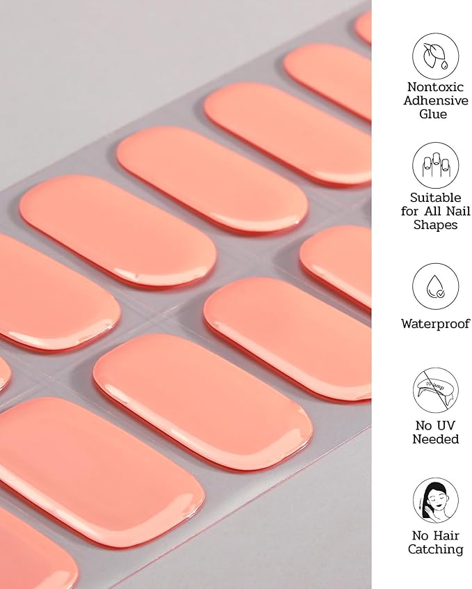 Nail Polish Strips (No UV Lamp Needed) - 22 Pcs Salon Quality Gel Nail Stickers - Long Lasting Wraps (Peach Pink)