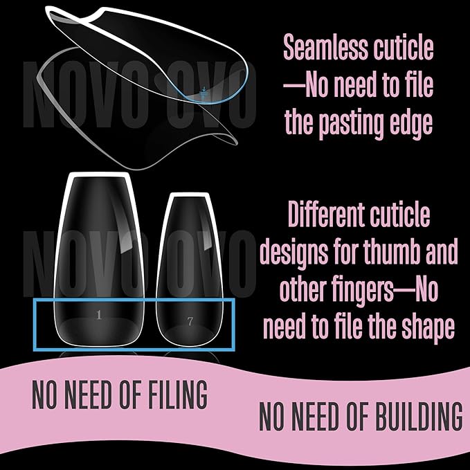 NOVO OVO Medium Coffin Nail Tips Extra Thick Press on No C Curve, Soft Gel Natural Fake Nail Extension, Full Cover Clear False Nails for Acrylic, French Manicure Salon DIY x 14 Sizes 224 pcs