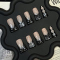 OCOUYVD Handmade Press On Nails Medium Duck Shaped Black French Tip Acrylic Nails 3D Bow Rhinestones Design Full Cover Thick Stick On Nails (Size S, 10pcs)