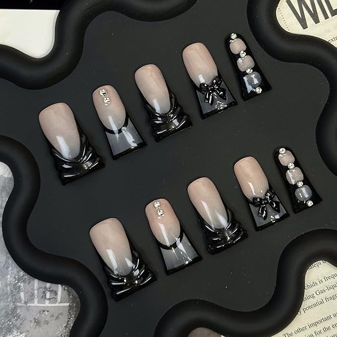 OCOUYVD Handmade Press On Nails Medium Duck Shaped Black French Tip Acrylic Nails 3D Bow Rhinestones Design Full Cover Thick Stick On Nails (Size S, 10pcs)